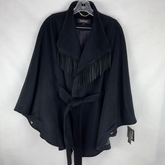 Ellen Tracy Black Poncho Wrap Style Coat With Suede Fringe - Picture 1 of 13